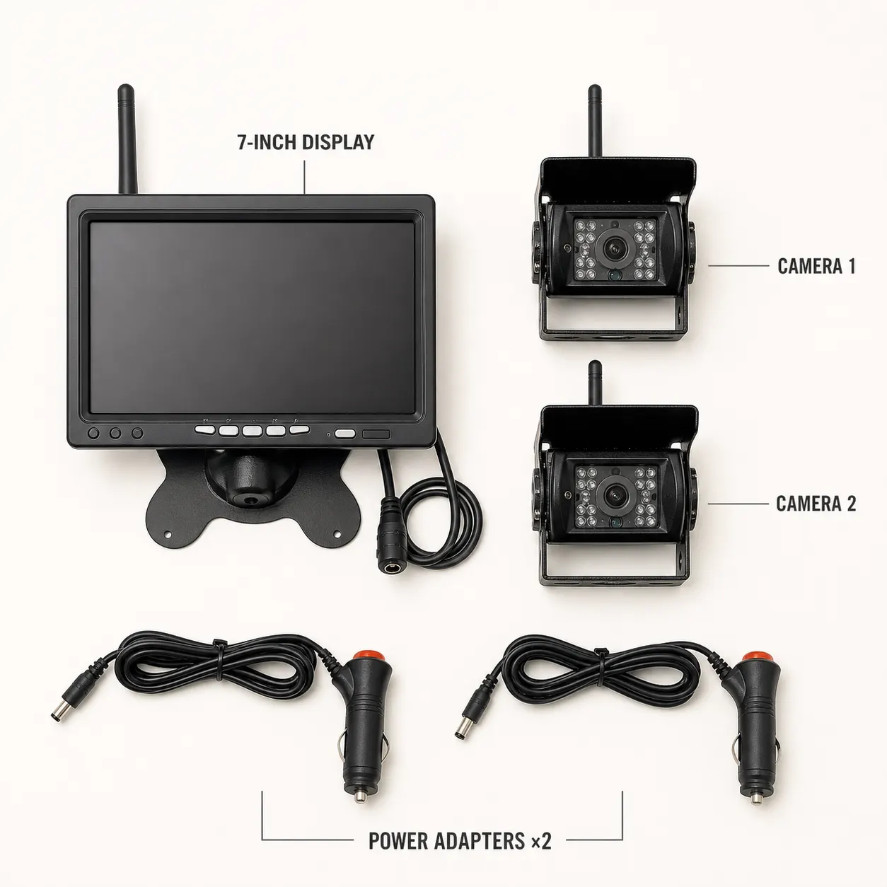 Wireless Vehicle Camera System and included accessories