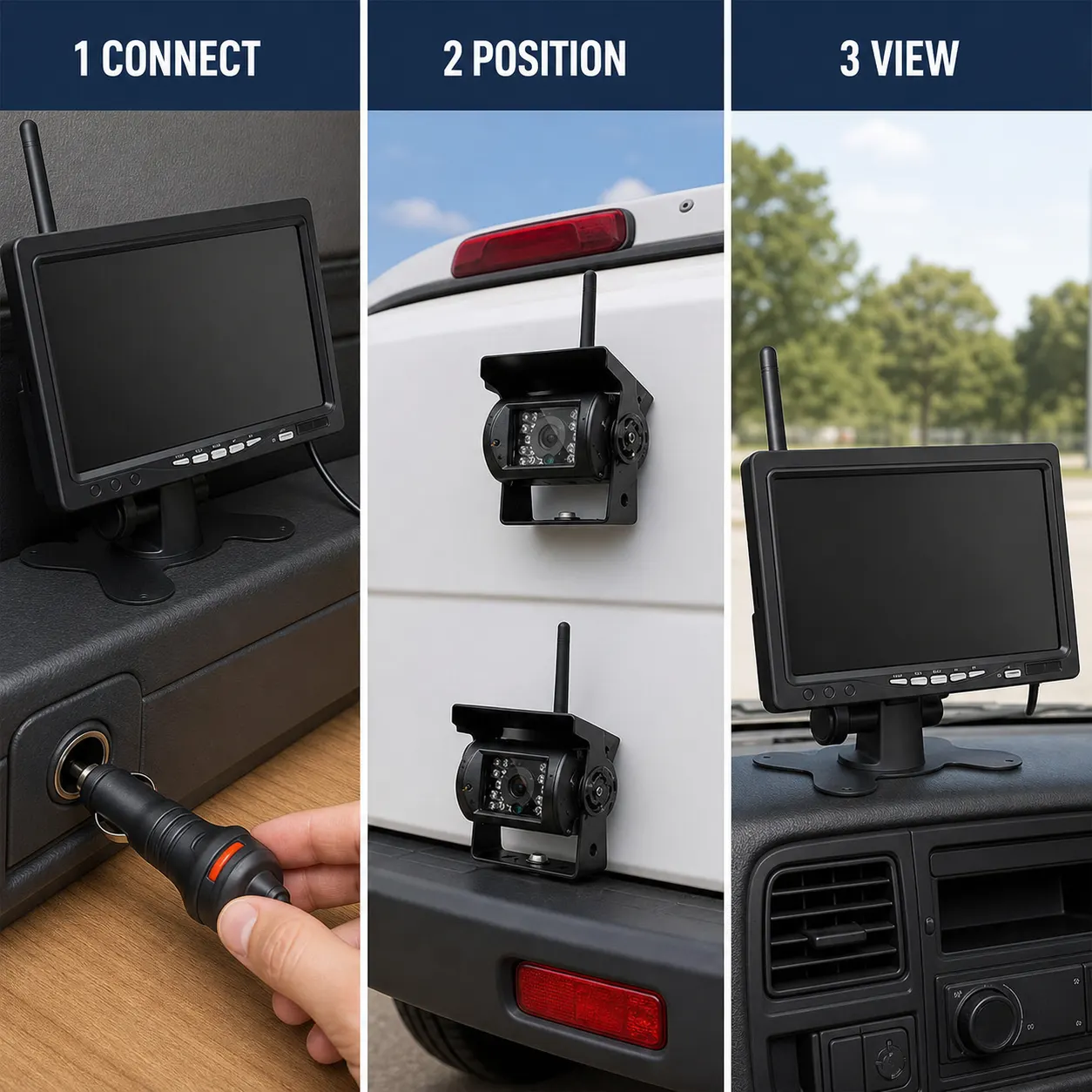 Wireless Vehicle Camera System setup and use views